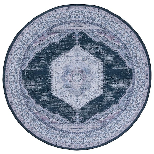 SAFAVIEH Tucson Black/Beige 6 ft. x 6 ft. Machine Washable Distressed Border Round Area Rug