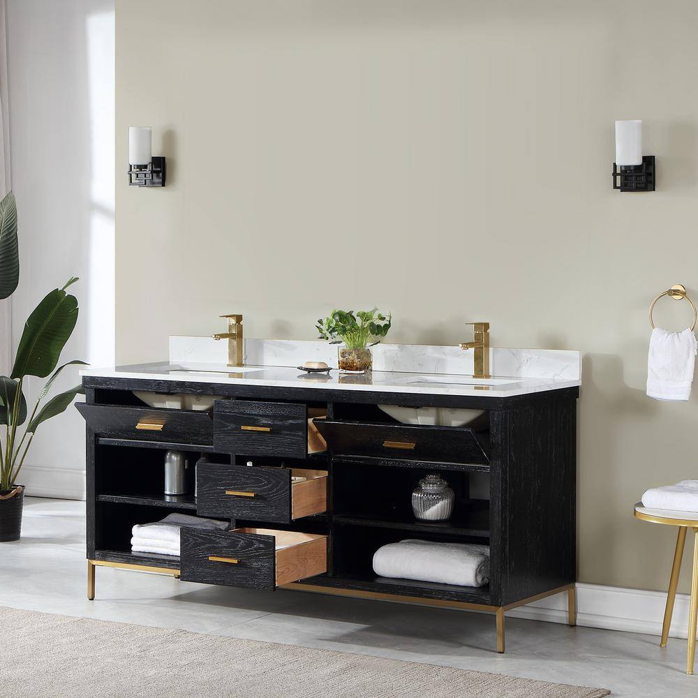 Kesia 72" Black Oak Double Vanity with White Stone Countertop