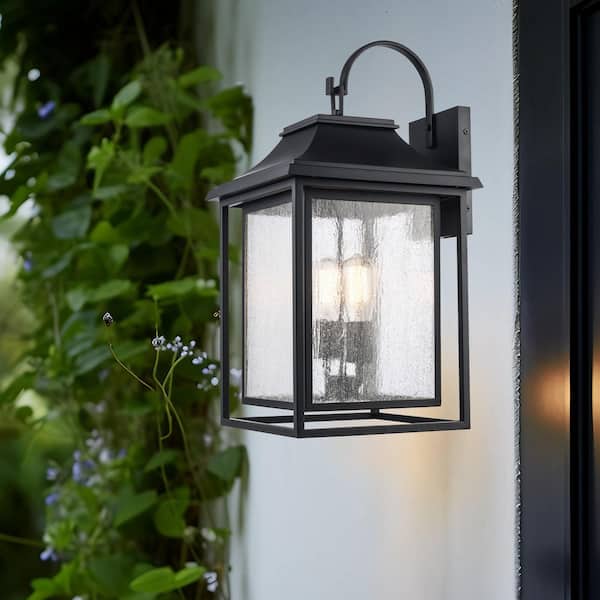 Bel Air Lighting Bosque 23.5 in. 2-Light Black Outdoor Hardwired Wall Lantern Sconce with No Bulbs Included and Clear Seeded Glass