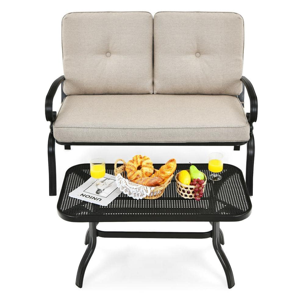 47 in. W Black Metal Outdoor Patio Loveseat Bench with Coffee Table and Bei