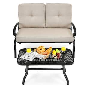 47 in. W Black Metal Outdoor Patio Loveseat Bench with Coffee Table and Beige Cushions