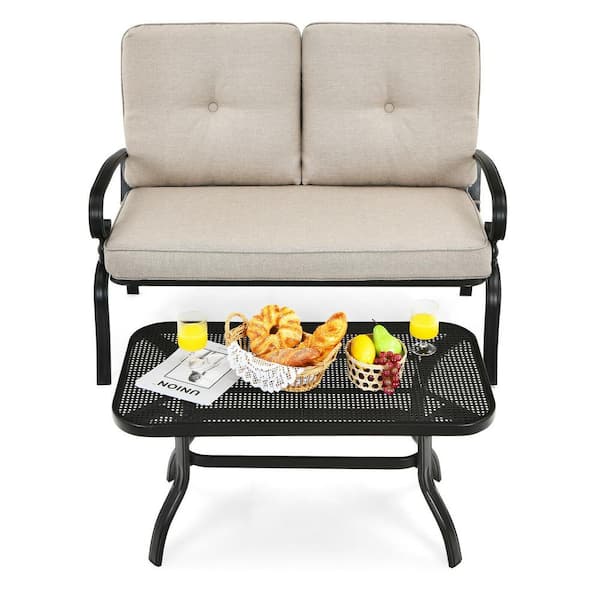ANGELES HOME 47 in. W Black Metal Outdoor Patio Loveseat Bench with Coffee Table and Beige Cushions