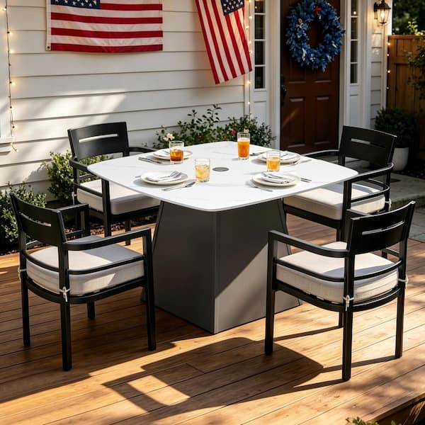 Cavallo White 5-Piece Aluminum Rounded Square Outdoor Dining Set with Sunbrella Cast Silver Cushions and 4 Armchairs