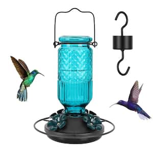16 oz. Blue Glass Hanging Hummingbird Feeder with 4 Bee Guard Feeding Ports and Built-In Ant Moat