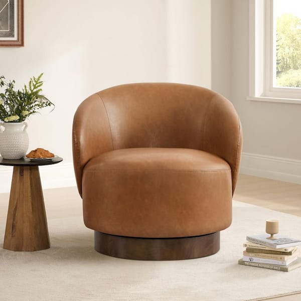 Noah Brown Faux Leather Swivel Accent Chair Modern Upholstered Round Barrel Arm Chair for Bedroom or Living Room