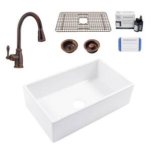 Turner 30 in. Farmhouse Single Bowl Crisp White Fireclay Kitchen Sink with Canton Faucet Kit