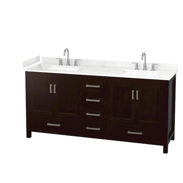 Sheffield 72 in. Double Freestanding Espresso Bath Vanity with Carrara Cultured Marble Top