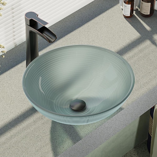 Rene Glass Vessel Sink in Sparkling Silver with R9-7007 Faucet and Pop-Up Drain in Antique Bronze