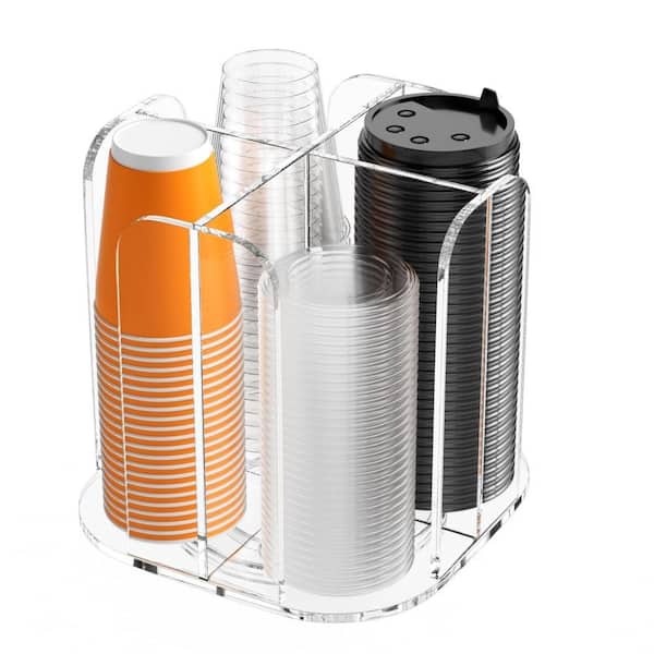 4-Compartment Rotatable Acrylic Coffee Cup Holder, Coffee Station Cup and Lid Carousel Countertop Plastic Cup Dispenser