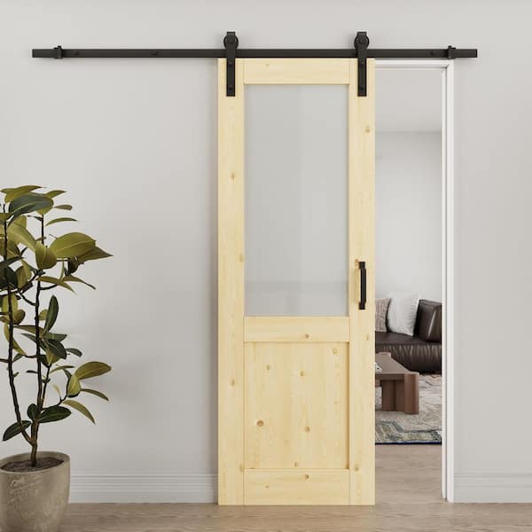 28 in. x 80 in. 1/2-Lite Frosted Glass Solid Core Unfinished Pine Wood Sliding Barn Door with Hardware Kit