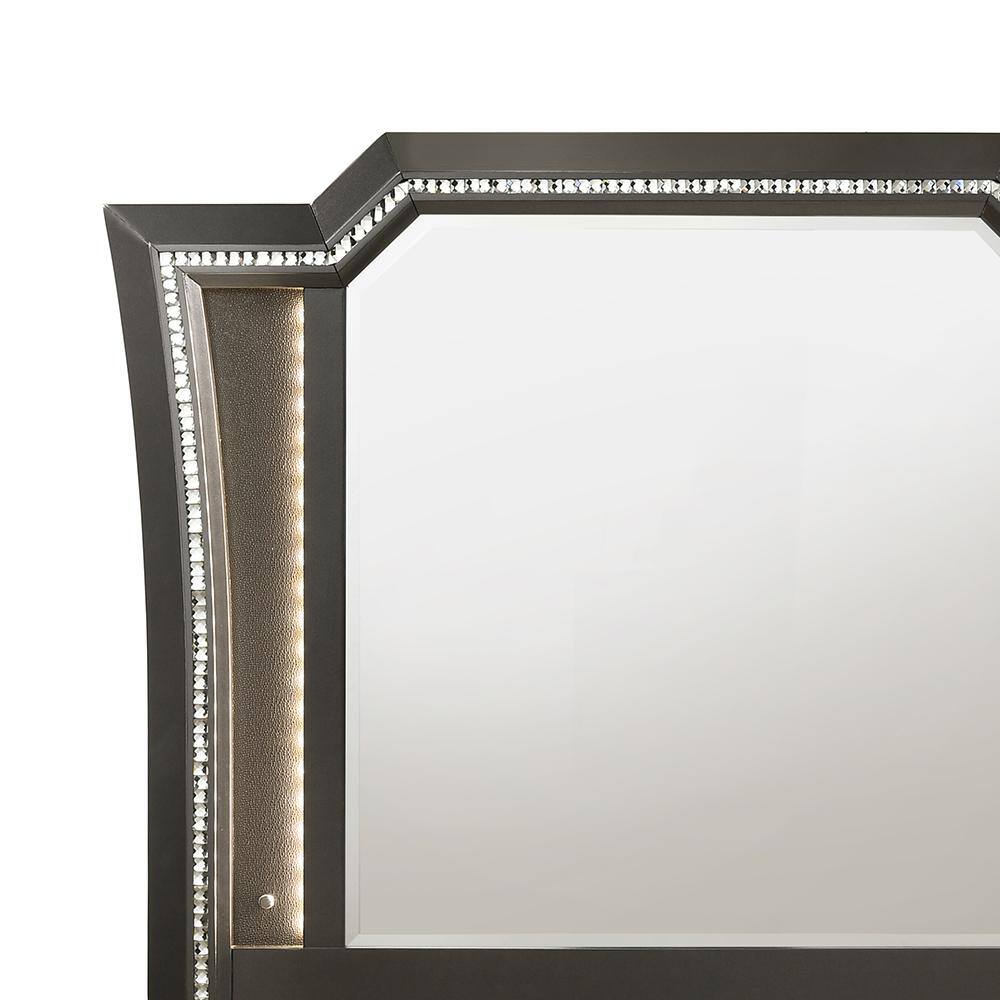 Gray Rectangular Wood Mirror with LED Lights and Crystal Trim