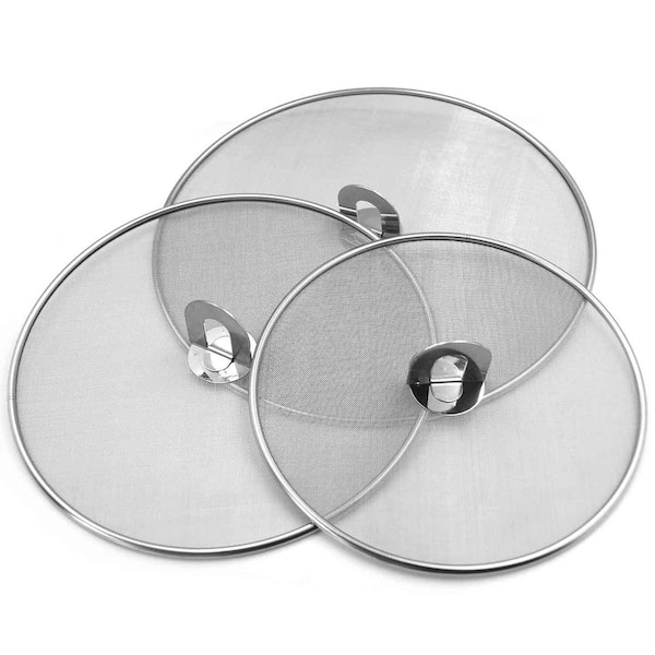 Silver Stainless Steel Splatter Screen Set of 3 with Fine Mesh Lids for 10 in. 11.5 in. and 13 in. Pans