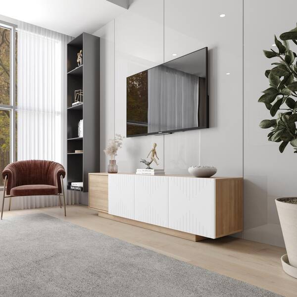 Nexera Riva Natural Maple and White TV Stand Fits TVs up to 80 in