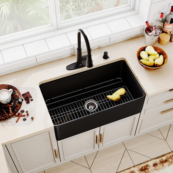 CASAINC Black Fireclay 30 in. Single Bowl Farmhouse Apron Kitchen Sink with Faucet and Accessories All-in-one Kit