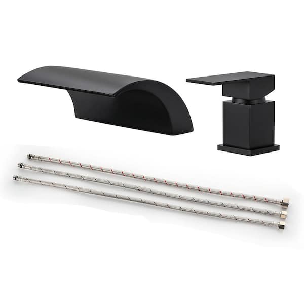 AIMADI Single-Handle Waterfall Deck-Mount Roman Tub Faucet with 2-Hole Brass Bathtub Fillers in Matte Black