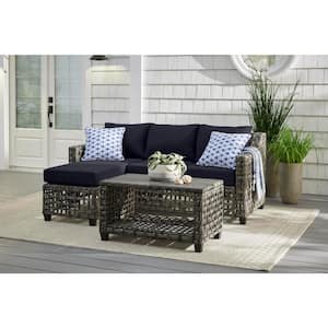Briar Ridge 3-Piece Brown Wicker Outdoor Patio Sectional Sofa with CushionGuard Midnight Navy Blue Cushions