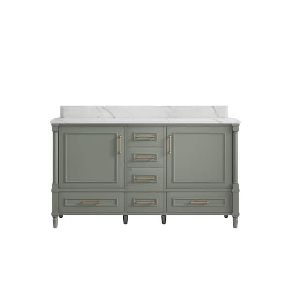 Willow Collections Hudson 60 in. W x 22 in. D x 36 in. H Double Sink Bath Vanity in Evergreen with 1.5 in. Calacatta Laza Quartz Top