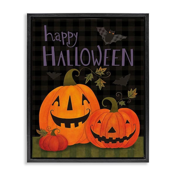 Stupell Industries Pumpkins and Bat on Plaid by Bernadette Deming 1-Piece Floater Frame Graphic Print Typography Art Print 31 in. x 25 in.