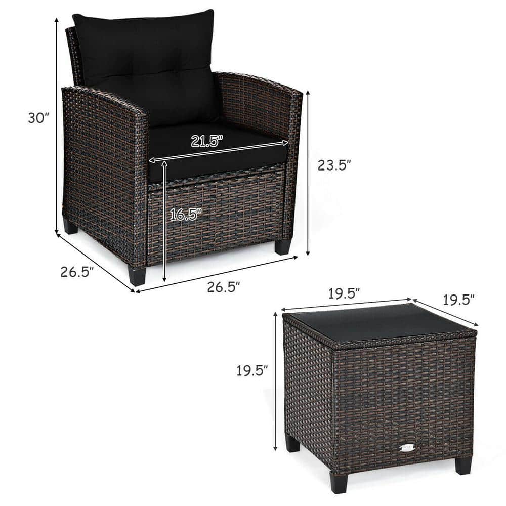 Black Cushioned 3-Piece Steel Frame Outdoor Conversation Set