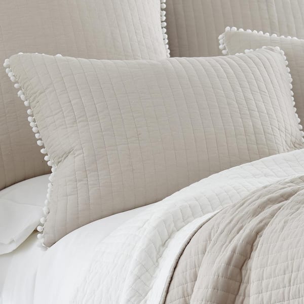 LEVTEX HOME Pom Pom Taupe Solid Quilted Cotton 20 in. x 36 in. King Pillow Sham
