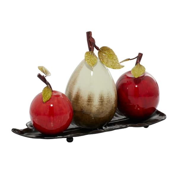 Litton Lane 10 in. x 12 in. Red Metal Decorative Fruit Sculpture with Platter