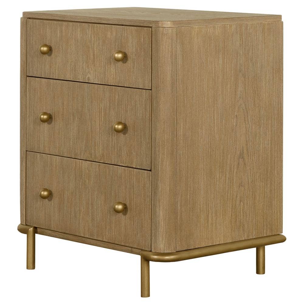 Arini Sand Wash 3-Drawer Nightstand with Brass Knobs