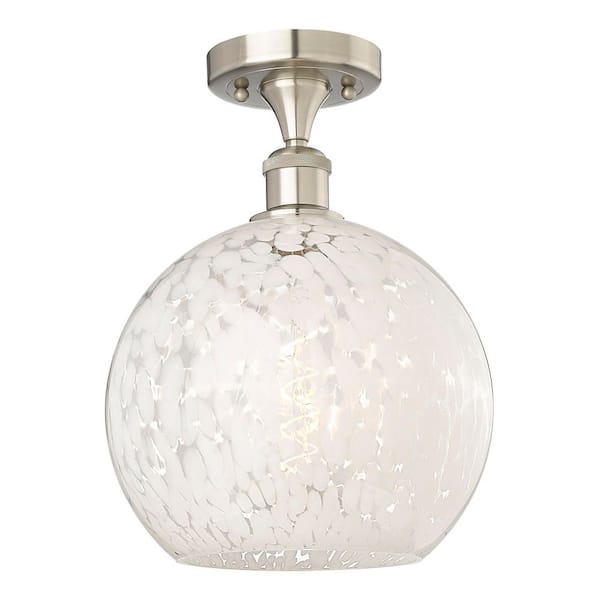 White Mouchette 10 in. 1-Light Brushed Satin Nickel Modern Semi-Flush Mount with Frosted Glass Shade