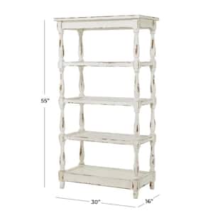 5 Shelf Wood Stationary White Distressed Open Shelving Unit with Spindle Sides and Mesh