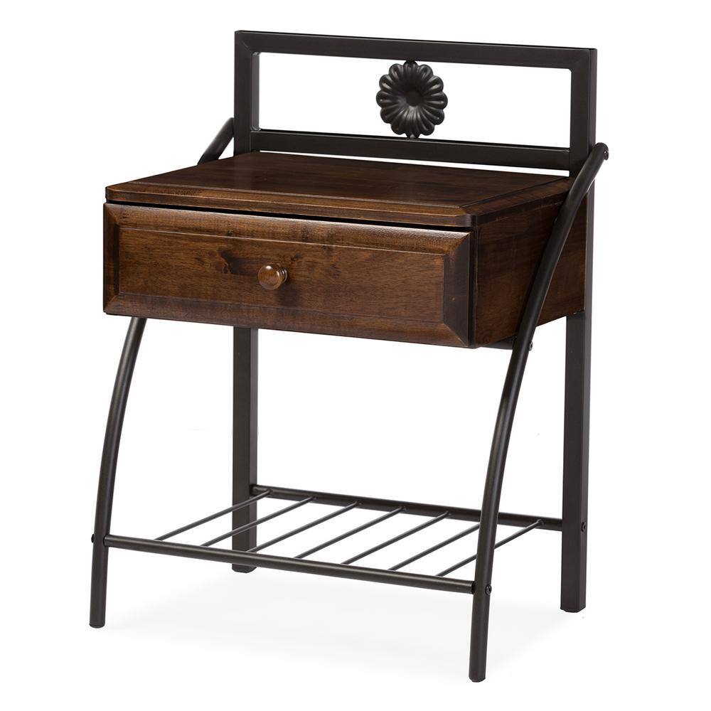 Jevenci Vintage Industrial Black Metal and Wood Nightstand with Drawer