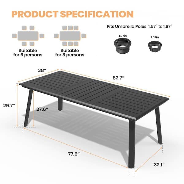 82.7 in. Aluminum Black Rectangular Outdoor Patio Dining Table with Umbrella Hole