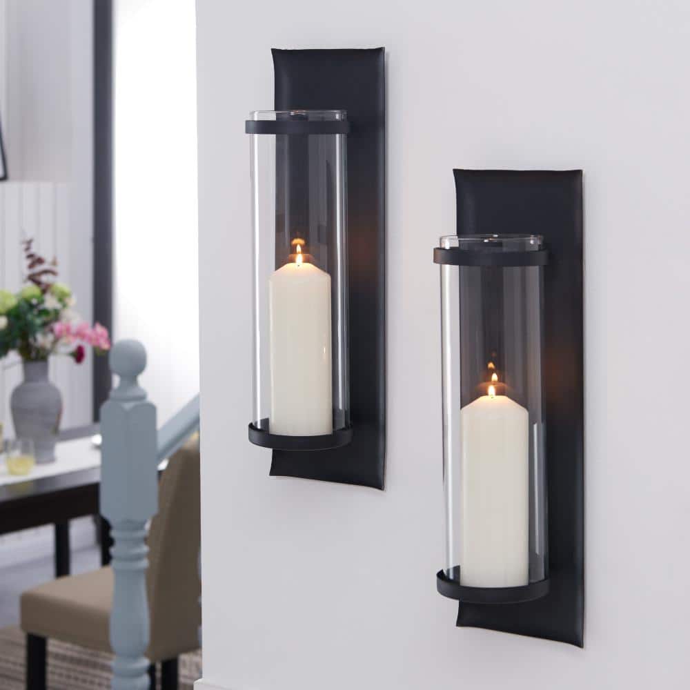 Black Iron and Glass Wall Sconce Light Set of 2