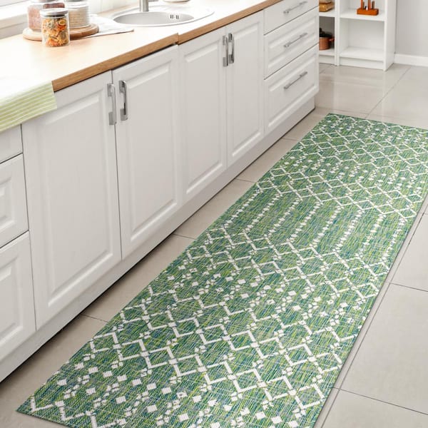 JONATHAN Y Ourika Moroccan Ivory/Green 2 ft. x 8 ft. Geometric Textured Weave Indoor/Outdoor Area Rug