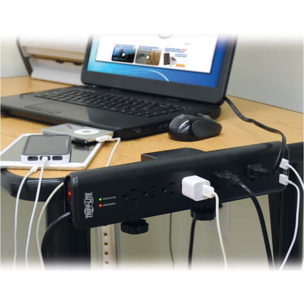 Black 6-Outlet Surge Protector with USB Ports and Clamps