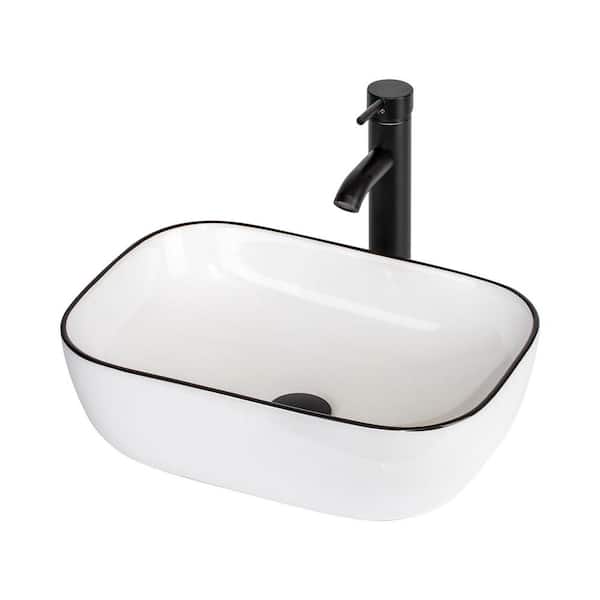 TOOLKISS 18 in. Ceramic Rectangular Vessel Sink in White with Faucet