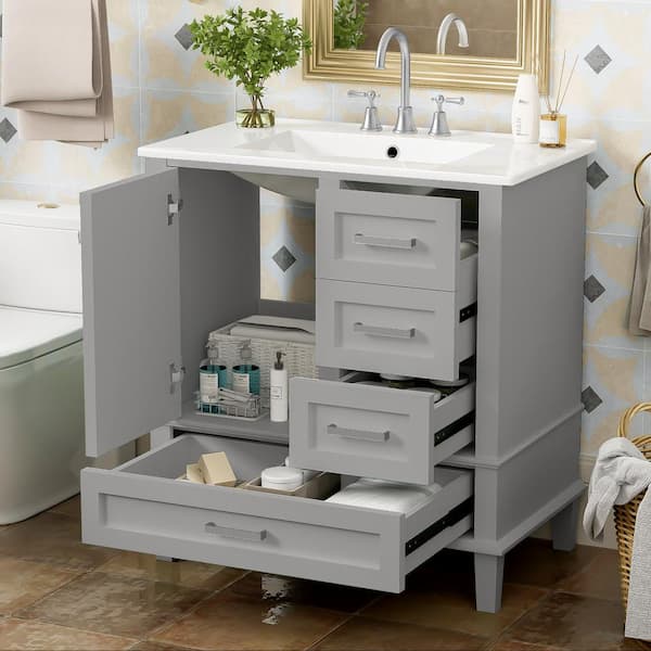 30 in. W Single Sink Freestanding Gray Bath Vanity with White Ceramic Top and Soft Closing Door, 3 Drawers Unassembled