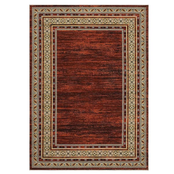 10 ft. x 13 ft. Bordered Red Low‑Pile Washable Anti‑Skid Non‑Shedding Carpet For Bedroom, Living Room Geometric Area Rug