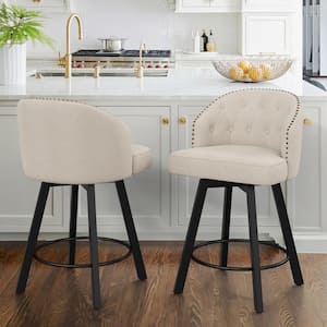 26 in. Linen Fabric Metal Frame Upholstered Counter Height Swivel Bar Stools with Bronze Rivets (Set of 2)