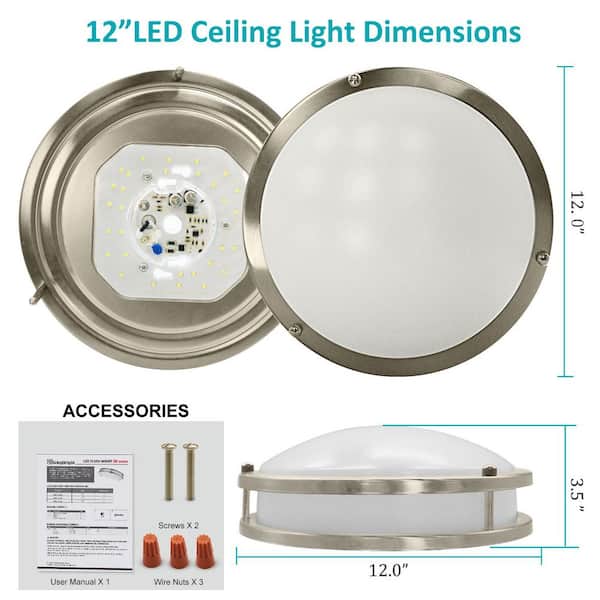 12 in. Brushed Nickel Dimmable 3000K Warm White LED Flush Mount Light Fixture