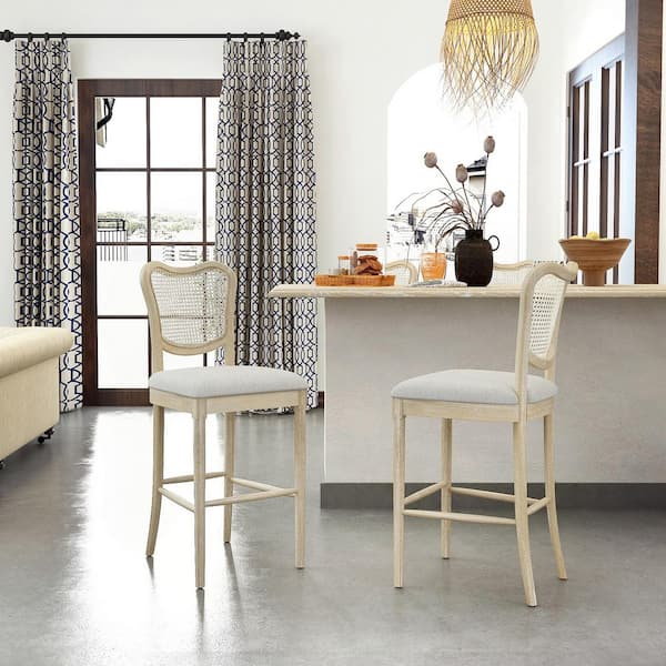 Homy Casa Eikki 46.3 in. Light Grey Brushed Natural Rattan Back Solid Wood Frame High Barstool with Line Fabric Seat (Set of 2)