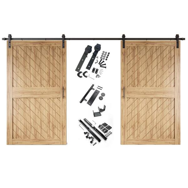 HOMACER XT2 50 in. x 84 in. C-Panel Unfinished Slanted Stripe Design Double Pine Wood Sliding Barn Door with Hardware Kit