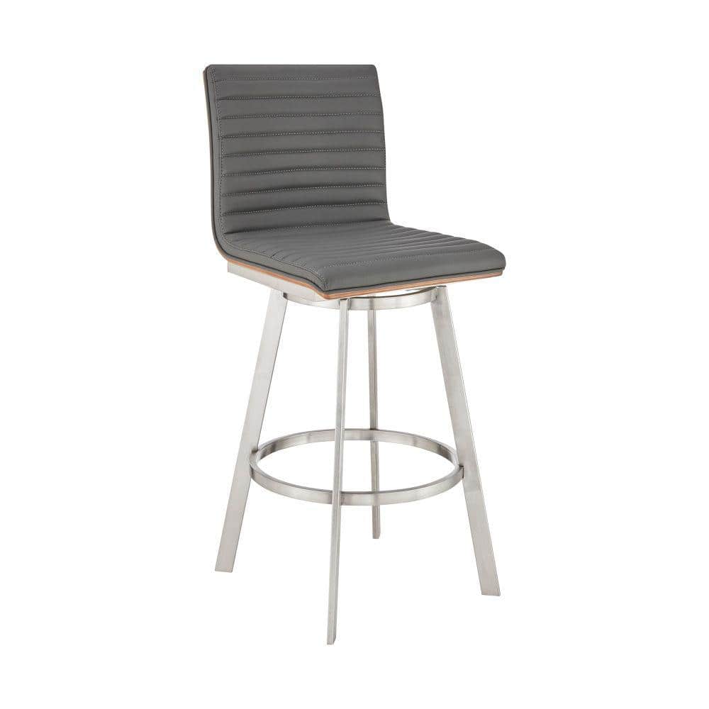 Benjara Aron 42 in. Gray Low Back Metal Frame Swivel Bar Stool with Vegan Faux Leather Seat