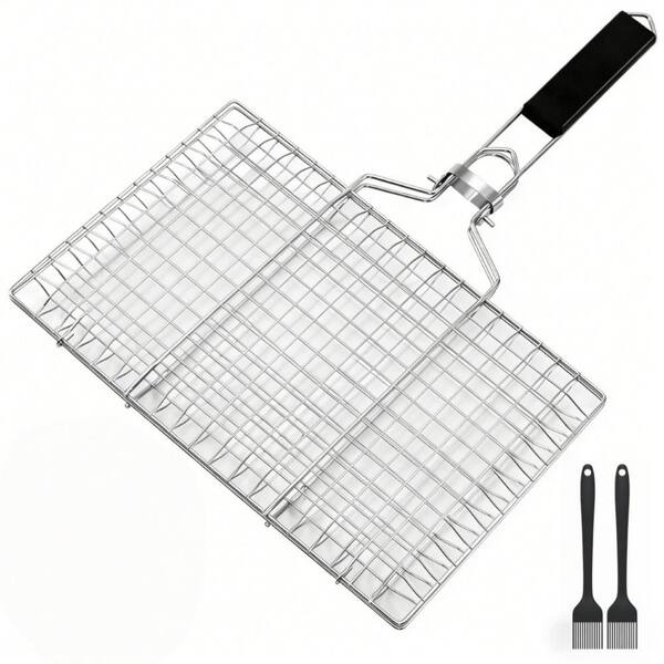 Stainless Steel Grill Basket with Storage Bag and Two Brushes for Grilling Fish, Vegetables, Shrimp and BBQ (1-Pack)