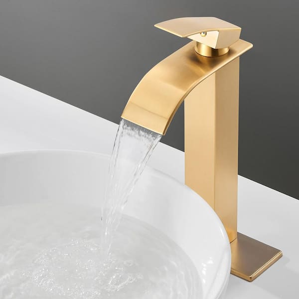 Waterfall Single-Handle Single Hole Bathroom Faucet with Deckplate Pop-up Drain Included and High-Body in Brushed Gold