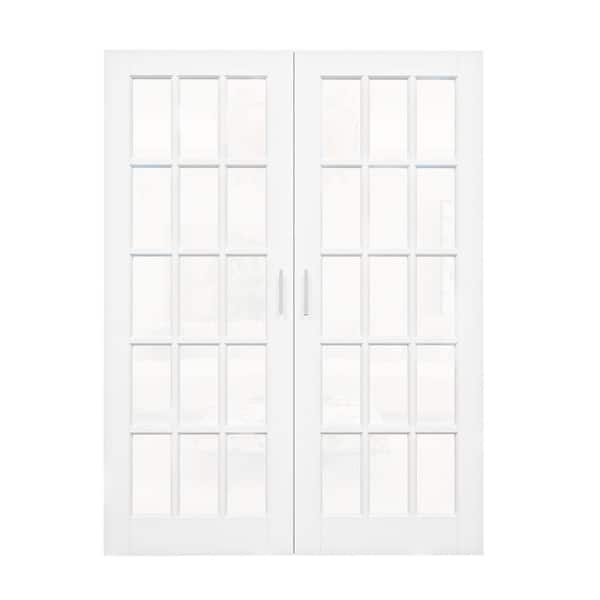 ARK DESIGN 60 in. x 80 in. 15 Lite Clear Glass White Solid Core Glass French Door without Jamb Double Interior Door Slab+Ball Catch