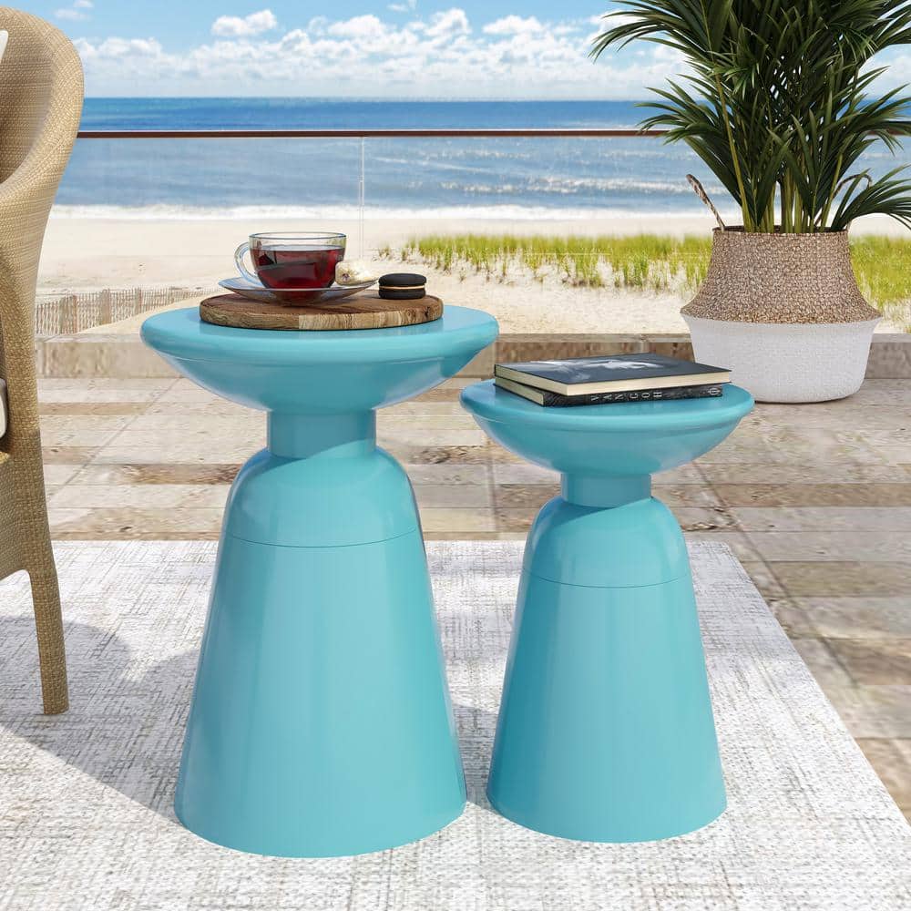 Set of 2 Modern Circular Design Outdoor Metal Side Teal Table, Minimalistic