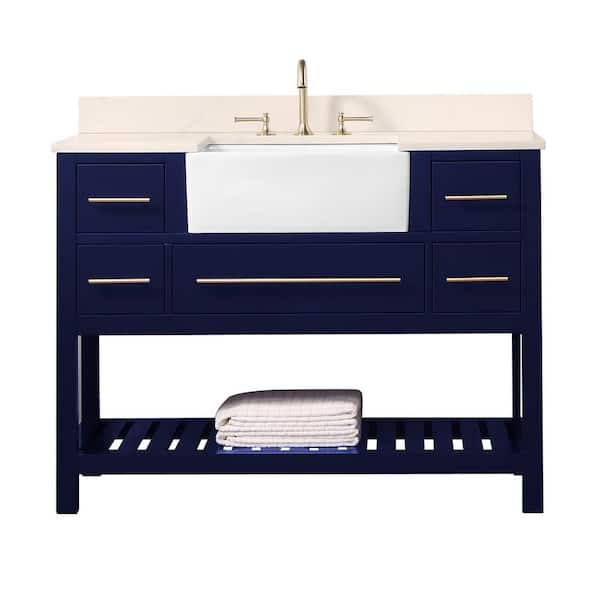 SUPREME WOOD Williamson 48 in. W x 22 in.D x 35.7 in.H Bath Vanity in Navy Blue with Quartz vanity top in white with white basin