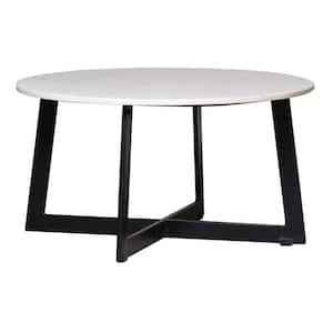 Daruis 30 in. White Marble and Black Round Wood Coffee Table