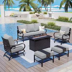 7 Seat 6-Piece Metal Outdoor Patio Conversation Set with Gray Cushions, Rocking Chairs, Rectangular Fire Pit Table