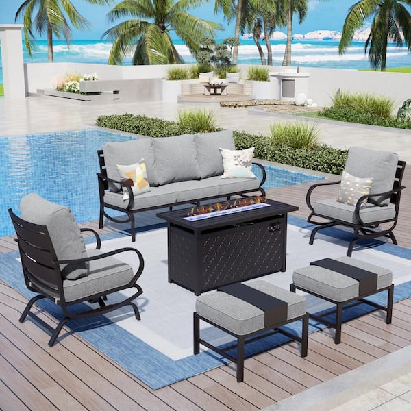 PHI VILLA 7 Seat 6-Piece Metal Outdoor Patio Conversation Set with Gray ...