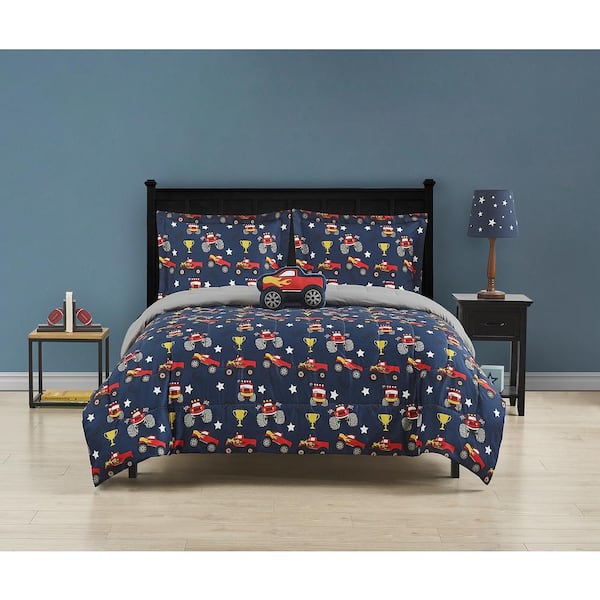 Monster Truck 3 Piece Comforter Set Blue Navy Red Yellow Twin Monstrt The Home Depot